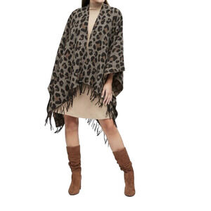 Banana Republic Leopard Animal‎ Print Wool Blend Poncho OS Fringe
